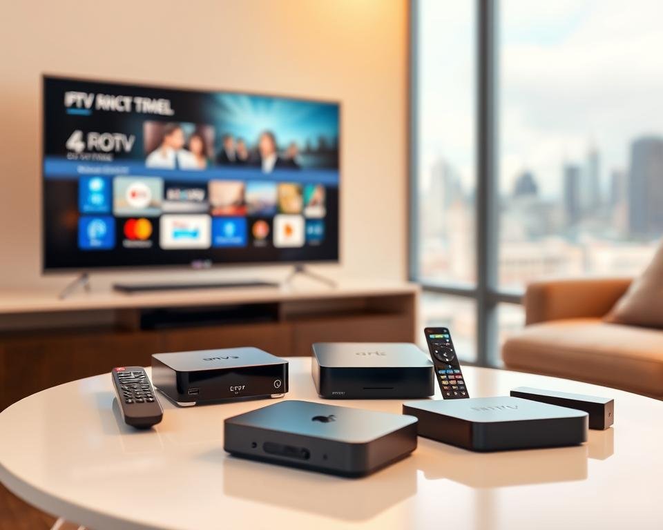 A modern living room with a smart TV, streaming boxes, and remote controls in the foreground, showcasing a variety of IPTV trial devices compatible with USA services. The devices are presented on a clean, minimalist table, well-lit with a warm, inviting ambiance. The background features a blurred city skyline, suggesting the urban setting. The composition emphasizes the devices' functionality and ease of use, conveying the accessibility of IPTV trials in the USA.
