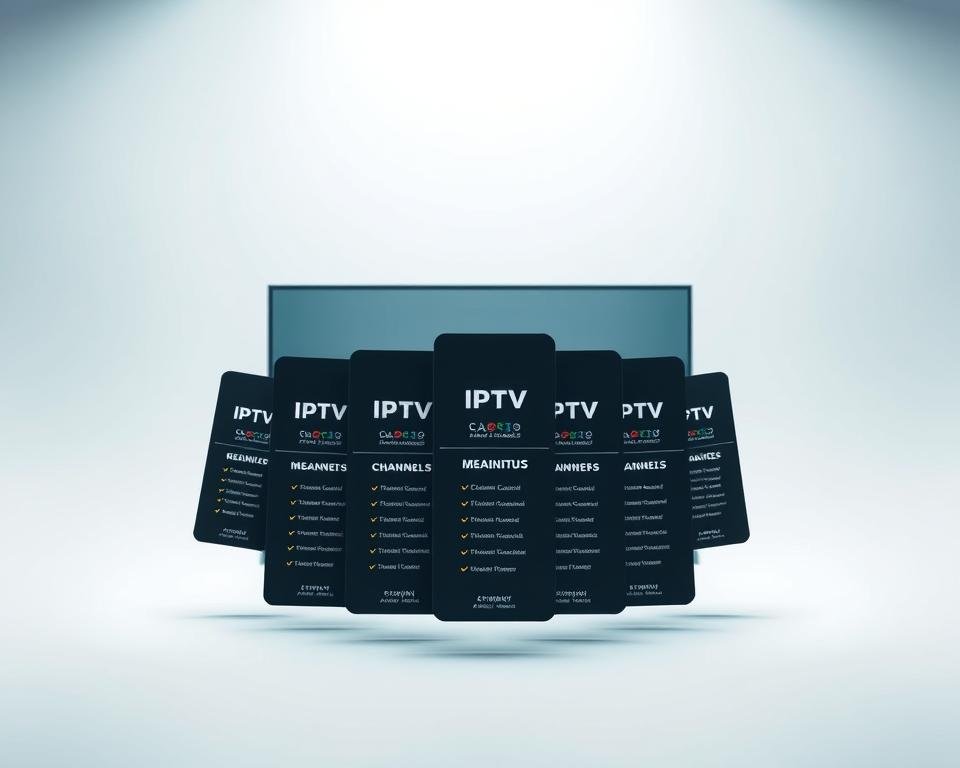 A modern, minimalist composition depicting a set of IPTV subscription plans. In the foreground, several neatly arranged IPTV plan cards hover in a clean, well-lit environment. Each card showcases the plan's key features such as channel count, resolution, and monthly/annual pricing, using a simple, typographic design. The middle ground features a subtle gradient background, with a sense of depth and perspective. The overall mood is one of clarity, simplicity, and professionalism, highlighting the key information a potential subscriber would need to evaluate the IPTV offering.