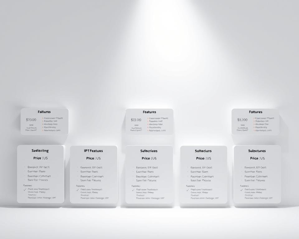 A modern, minimalist design showcasing an array of IPTV subscription plans. In the foreground, several rectangular panels display plan details like pricing, channel lineups, and features, all in a clean, organized layout. The middle ground features subtle gradients or textures that suggest a digital, technological aesthetic. The background is a soft, muted color palette, allowing the plan information to take center stage. Bright, directional lighting from the top-left illuminates the panels, creating depth and highlighting the key plan details. The overall mood is one of professionalism, accessibility, and attention to user experience.