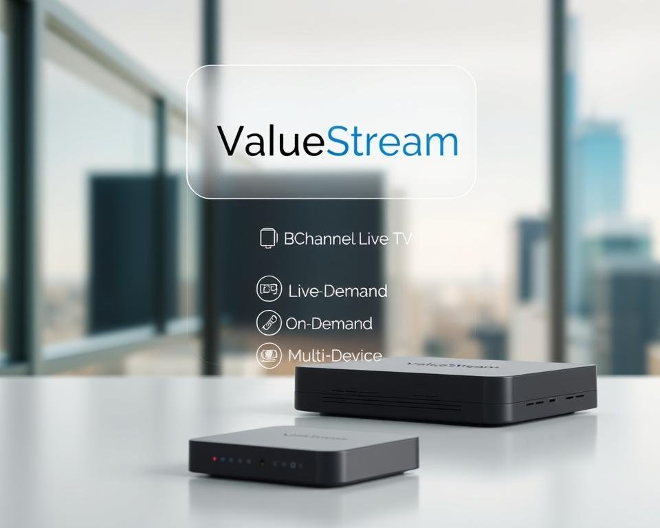 A modern, minimalist digital display showcasing a ValueStream IPTV subscription package. In the foreground, a sleek black streaming device with clean lines and a subtle LED indicator. Hovering above it, a semi-transparent overlay depicts the ValueStream logo and key package details: "HD Channels", "Live TV", "On-Demand", and "Multi-Device". The background features a softly blurred cityscape, hinting at the versatility of this budget-friendly IPTV solution. The lighting is natural and evenly diffused, creating a sense of professionalism and reliability. The overall tone is one of simplicity, functionality, and value. A modern, minimalist digital display showcasing a ValueStream IPTV subscription package. In the foreground, a sleek black streaming device with clean lines and a subtle LED indicator. Hovering above it, a semi-transparent overlay depicts the ValueStream logo and key package details: "HD Channels", "Live TV", "On-Demand", and "Multi-Device". The background features a softly blurred cityscape, hinting at the versatility of this budget-friendly IPTV solution. The lighting is natural and evenly diffused, creating a sense of professionalism and reliability. The overall tone is one of simplicity, functionality, and value.