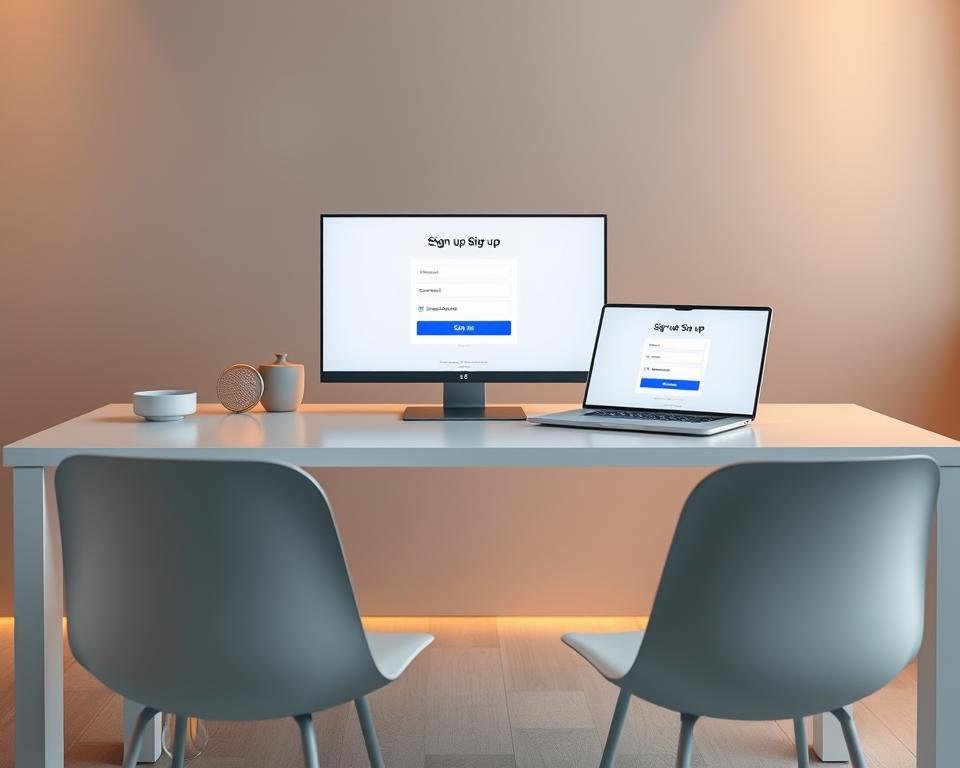 A modern, minimalist home office setup, with a clean, crisp white desk and matching chairs. On the desk, a laptop and a sleek, high-resolution display showcase a streaming service's sign-up process, with elegant, intuitive UI elements guiding the user through the steps. Warm, indirect lighting from a concealed source casts a soft, inviting glow, creating a welcoming and productive atmosphere. The background features a blurred, neutral-toned wall, allowing the sign-up interface to take center stage. The overall scene conveys a sense of effortless, streamlined access to a world of entertainment. A modern, minimalist home office setup, with a clean, crisp white desk and matching chairs. On the desk, a laptop and a sleek, high-resolution display showcase a streaming service's sign-up process, with elegant, intuitive UI elements guiding the user through the steps. Warm, indirect lighting from a concealed source casts a soft, inviting glow, creating a welcoming and productive atmosphere. The background features a blurred, neutral-toned wall, allowing the sign-up interface to take center stage. The overall scene conveys a sense of effortless, streamlined access to a world of entertainment.