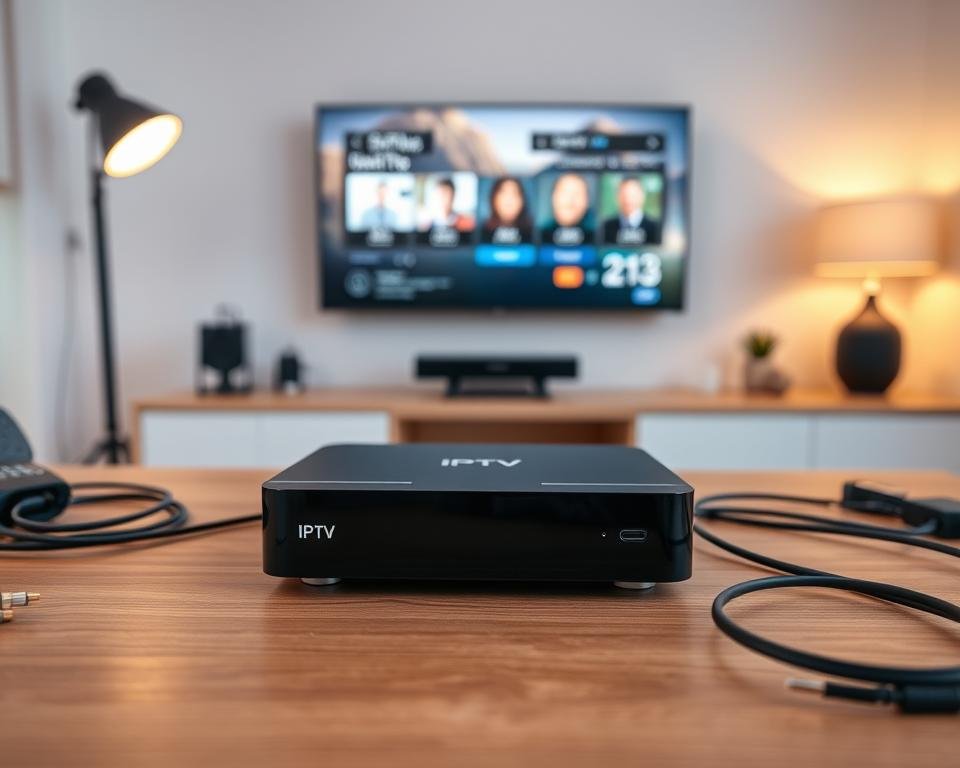 A modern, minimalist home office setup. In the foreground, a sleek, black IPTV box rests on a minimalist wooden desk, surrounded by a clean, white environment. Soft, warm lighting illuminates the scene, creating a cozy atmosphere. In the middle ground, various cables and connectors are neatly organized, ready for the installation process. The background showcases a large, flat-screen TV mounted on the wall, ready to display the IPTV interface. The overall composition conveys a sense of simplicity, efficiency, and technological integration within a stylish, contemporary setting. A modern, minimalist home office setup. In the foreground, a sleek, black IPTV box rests on a minimalist wooden desk, surrounded by a clean, white environment. Soft, warm lighting illuminates the scene, creating a cozy atmosphere. In the middle ground, various cables and connectors are neatly organized, ready for the installation process. The background showcases a large, flat-screen TV mounted on the wall, ready to display the IPTV interface. The overall composition conveys a sense of simplicity, efficiency, and technological integration within a stylish, contemporary setting.