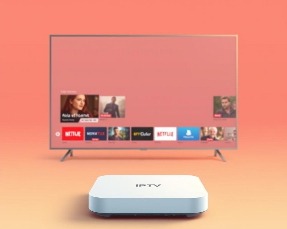 A modern, minimalist illustration of a USA IPTV service provider. In the foreground, a sleek and contemporary IPTV set-top box or streaming device, positioned prominently. The device features clean lines, a subtle branding, and a futuristic aesthetic. In the middle ground, a minimalist user interface showcasing a selection of popular live TV channels and on-demand content, hinting at the service's extensive library. The background is a soft, warm gradient, creating a sense of depth and a premium, high-tech ambiance. The overall composition conveys a professional, high-quality IPTV offering tailored for the USA market.