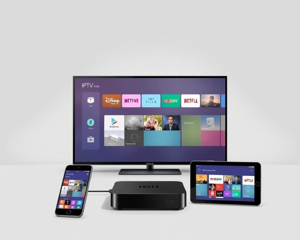 A modern, minimalist illustration showcasing various electronic devices seamlessly connected to an IPTV platform. In the foreground, a sleek smart TV, smartphone, and tablet are arranged, their screens displaying vibrant streaming interfaces. The middle ground features a compact IPTV set-top box, its simple yet elegant design complementing the devices. The background subtly depicts a clean, technologically-advanced setting, with muted greys and blues creating a sense of sophistication. Soft, directional lighting accentuates the devices, highlighting their compatibility and the seamless integration of the IPTV service across multiple screens. A modern, minimalist illustration showcasing various electronic devices seamlessly connected to an IPTV platform. In the foreground, a sleek smart TV, smartphone, and tablet are arranged, their screens displaying vibrant streaming interfaces. The middle ground features a compact IPTV set-top box, its simple yet elegant design complementing the devices. The background subtly depicts a clean, technologically-advanced setting, with muted greys and blues creating a sense of sophistication. Soft, directional lighting accentuates the devices, highlighting their compatibility and the seamless integration of the IPTV service across multiple screens.