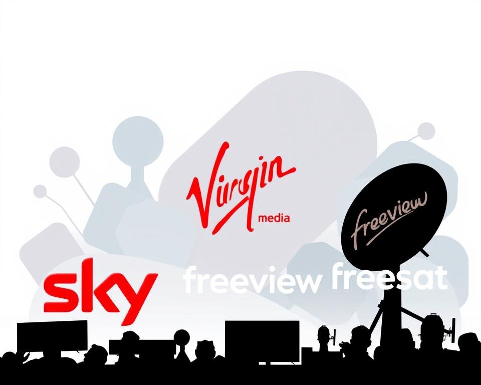 A modern, minimalist illustration showcasing various popular USA IPTV service providers. In the foreground, silhouettes of logos and brand names for leading IPTV platforms, such as UKTV, Sky, Virgin Media, Freeview, and Freesat. The middle ground features abstract shapes and geometric patterns in a muted color palette of blues, grays, and whites, suggesting the digital infrastructure and technology powering these IPTV services. The background has a soft, hazy gradient, creating a sense of depth and highlighting the providers. Crisp, clean rendering with careful attention to balance, composition, and negative space to produce a visually striking, professional-grade image.