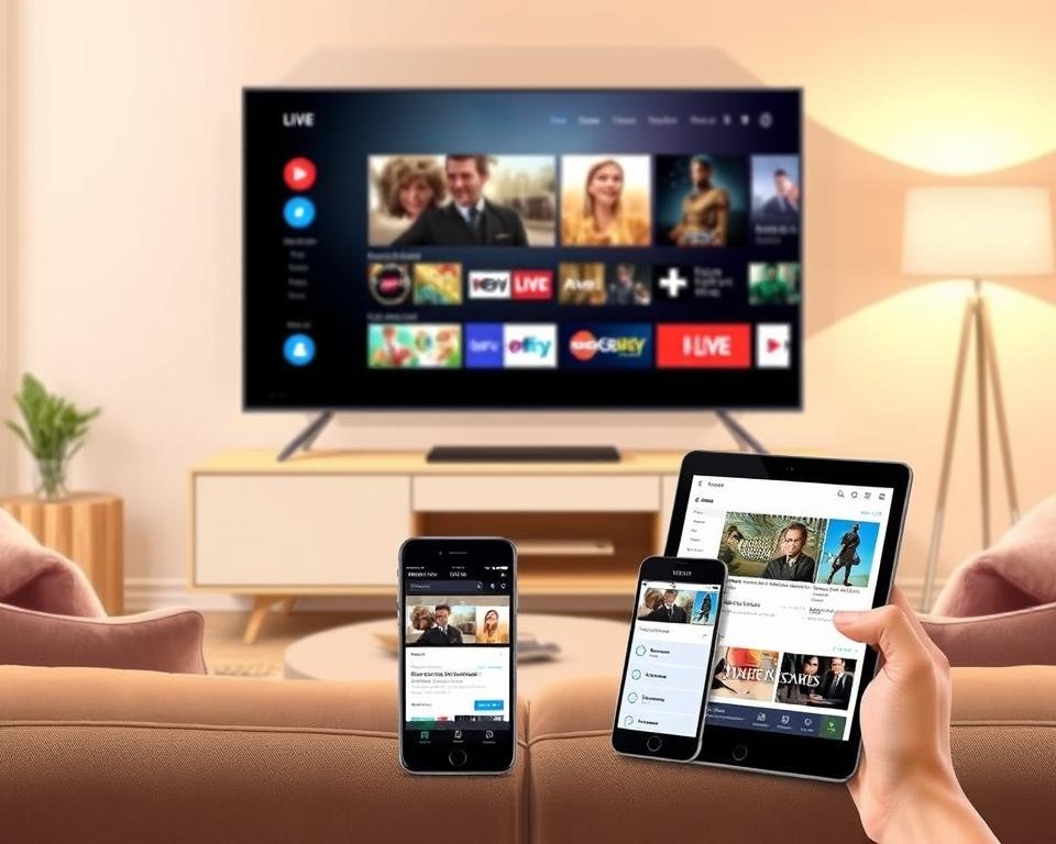 A modern, minimalist lifestyle illustration showcasing the key features of a free trial IPTV service in the USA. In the foreground, a sleek smart TV displaying a variety of live TV channels and on-demand content. In the middle ground, a smartphone and tablet showcasing the intuitive user interface and content selection. In the background, a warm, ambient living room setting with modern furniture and decor. Soft, natural lighting illuminates the scene, creating a cozy, inviting atmosphere. The overall composition emphasizes the convenience, accessibility, and entertainment value of the free IPTV trial, inviting the viewer to explore the service.