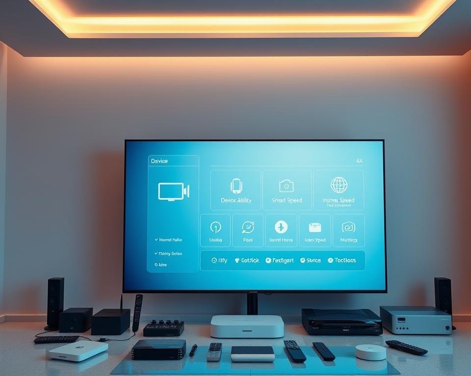 A modern, minimalist office setting with a large 4K television screen prominently displayed. Subtle lighting from overhead casts a warm, professional glow. The screen showcases a sleek, intuitive user interface with icons representing device compatibility, internet speed, and other technical requirements for a USA IPTV 4K service. Surrounding the screen are various smart home devices, remote controls, and networking equipment, all neatly arranged to convey a sense of technological sophistication. The overall atmosphere is one of streamlined efficiency, highlighting the seamless integration of high-quality 4K video delivery with the necessary hardware and software components.