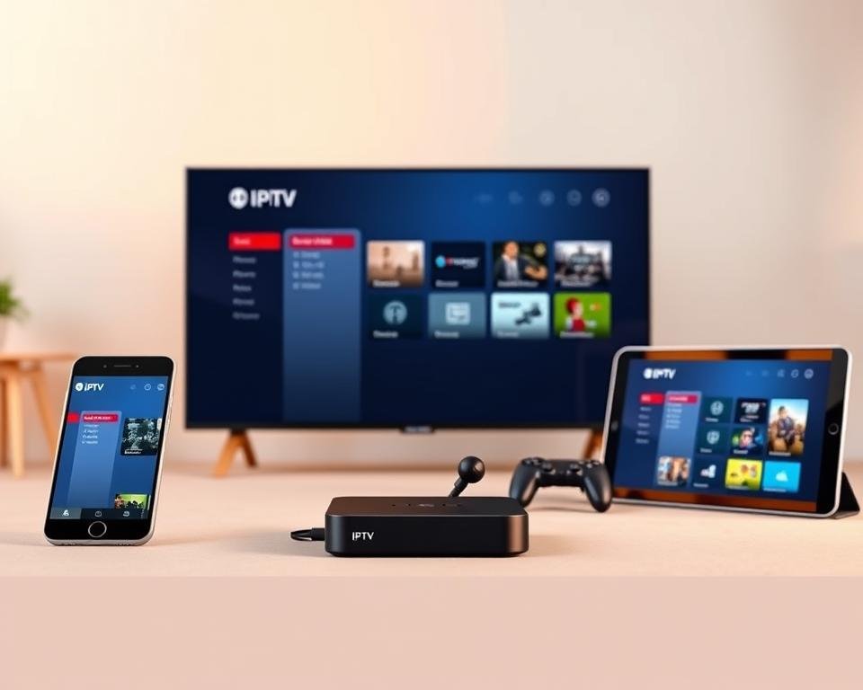 A modern, minimalist setup showcasing various devices displaying an IPTV interface. In the foreground, a sleek smart TV, smartphone, and tablet are arranged neatly, their screens illuminated with a clean, user-friendly IPTV dashboard. The middle ground features a compact, stylish streaming device and a wireless game controller, hinting at the versatility of the IPTV experience. The background is a softly lit, uncluttered room, creating a sense of simplicity and focus on the technology. Warm lighting, gentle shadows, and a harmonious color palette evoke a welcoming, inviting atmosphere, perfectly capturing the "Complete Setup Guide for Different Devices" section of the article. A modern, minimalist setup showcasing various devices displaying an IPTV interface. In the foreground, a sleek smart TV, smartphone, and tablet are arranged neatly, their screens illuminated with a clean, user-friendly IPTV dashboard. The middle ground features a compact, stylish streaming device and a wireless game controller, hinting at the versatility of the IPTV experience. The background is a softly lit, uncluttered room, creating a sense of simplicity and focus on the technology. Warm lighting, gentle shadows, and a harmonious color palette evoke a welcoming, inviting atmosphere, perfectly capturing the "Complete Setup Guide for Different Devices" section of the article.