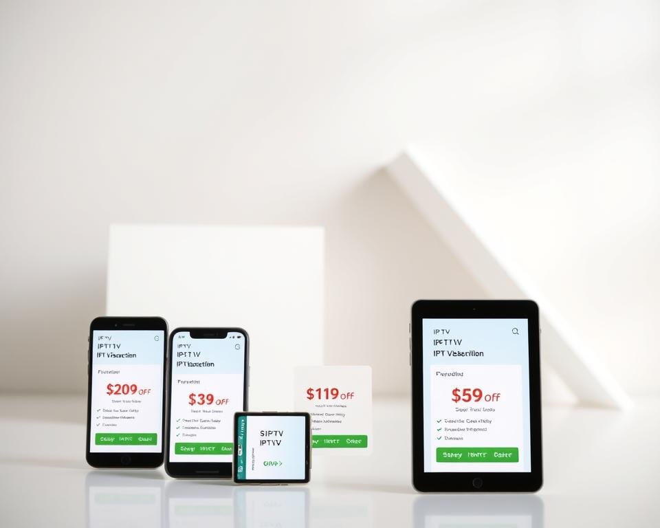 A modern, minimalist-style image showcasing discounted IPTV subscription packages. In the foreground, several mobile devices are arranged with their screens displaying different IPTV plan options, each highlighting the current pricing. The middle ground features clean, geometric shapes and lines in a neutral color palette, creating a sleek, professional atmosphere. The background has a subtle gradient or blurred texture, lending depth and focus to the central elements. The lighting is soft and diffused, creating an inviting, high-quality aesthetic. The overall composition emphasizes the value proposition of the IPTV discounts through a visually appealing, technology-driven design. A modern, minimalist-style image showcasing discounted IPTV subscription packages. In the foreground, several mobile devices are arranged with their screens displaying different IPTV plan options, each highlighting the current pricing. The middle ground features clean, geometric shapes and lines in a neutral color palette, creating a sleek, professional atmosphere. The background has a subtle gradient or blurred texture, lending depth and focus to the central elements. The lighting is soft and diffused, creating an inviting, high-quality aesthetic. The overall composition emphasizes the value proposition of the IPTV discounts through a visually appealing, technology-driven design.