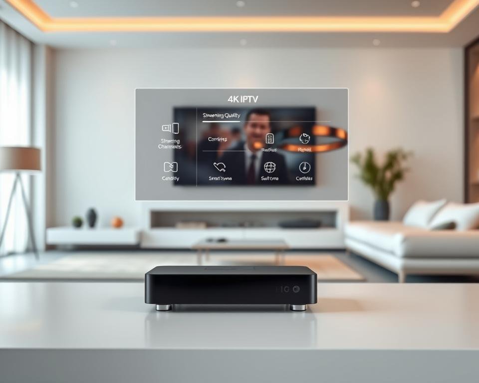 A modern, sleek 4K IPTV device sits prominently in the foreground, its crisp display showcasing the latest USA IPTV technology. In the middle ground, a visualization of streaming channels, streaming quality settings, and smart home integrations float against a backdrop of a minimalist living room, bathed in warm, soft lighting. The scene conveys the future of home entertainment, where cutting-edge 4K IPTV seamlessly blends with a sophisticated, modern aesthetic.