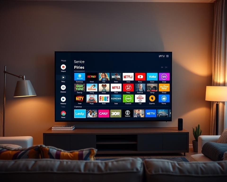 A modern, sleek IPTV channel selection interface on a large flatscreen TV in a cozy living room. The TV's display shows a grid of colorful channel icons against a dark background, with a minimalist on-screen menu system. Soft, warm lighting from floor lamps and table lamps creates a comfortable atmosphere. The living room features modern, neutral-toned furnishings and decor, hinting at the benefits of having a robust IPTV service in the USA.