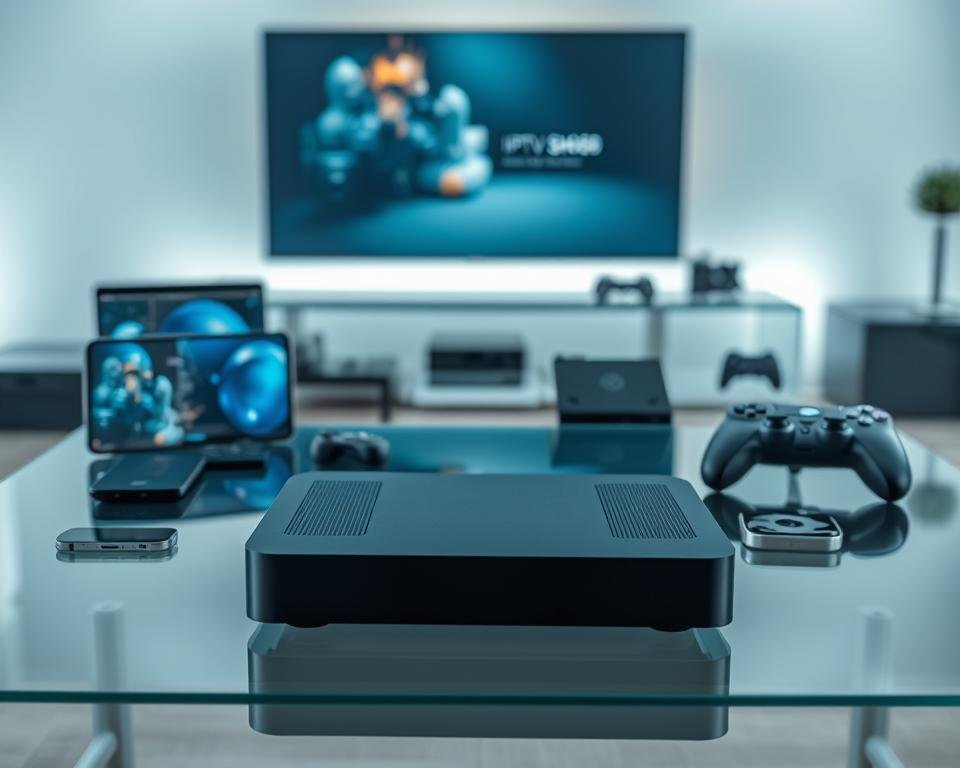 A modern, sleek IPTV device resting on a minimalist glass table, showcasing its compatibility with various electronics. The device is surrounded by a range of connected devices such as smartphones, tablets, smart TVs, and gaming consoles, all bathed in a soft, diffused lighting that creates a harmonious, technology-driven atmosphere. The composition emphasizes the versatility and adaptability of the IPTV solution, inviting the viewer to imagine the seamless integration of their entertainment ecosystem. A modern, sleek IPTV device resting on a minimalist glass table, showcasing its compatibility with various electronics. The device is surrounded by a range of connected devices such as smartphones, tablets, smart TVs, and gaming consoles, all bathed in a soft, diffused lighting that creates a harmonious, technology-driven atmosphere. The composition emphasizes the versatility and adaptability of the IPTV solution, inviting the viewer to imagine the seamless integration of their entertainment ecosystem.