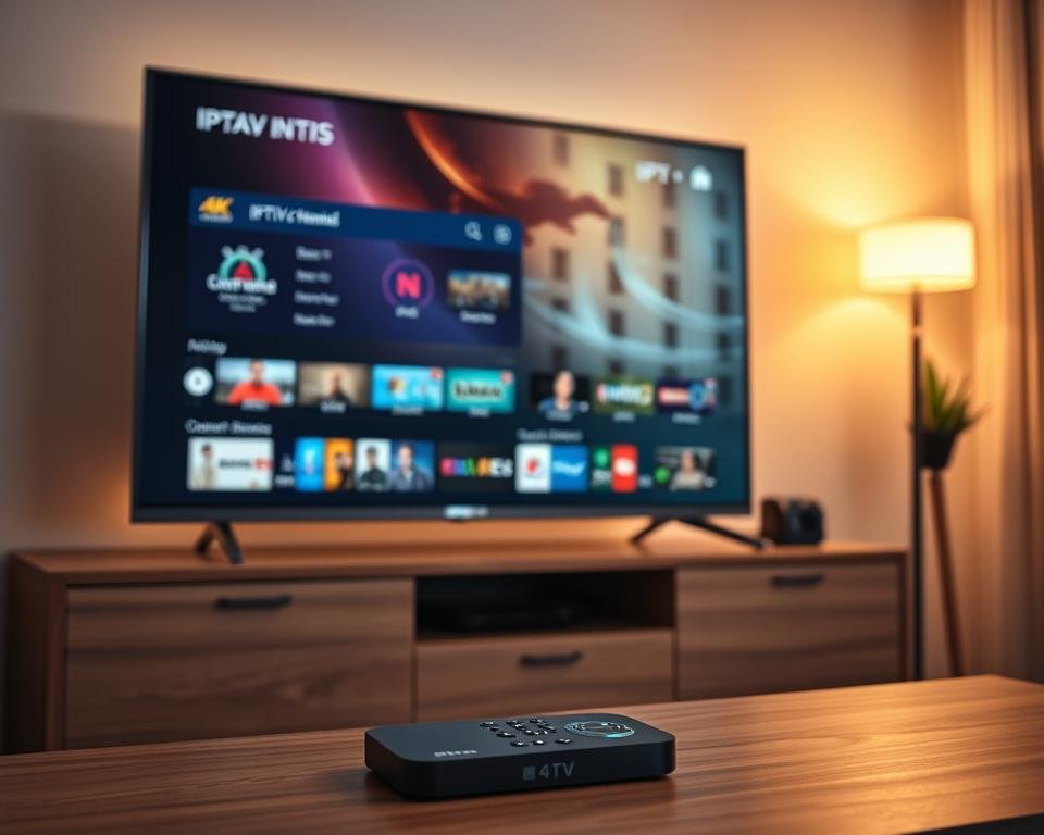 A modern, sleek IPTV service displayed on a 4K resolution smart TV screen, showcasing a wide variety of live TV channels, on-demand content, and user-friendly interface. The scene is bathed in warm, soft lighting, creating a cozy, inviting atmosphere. The TV is placed on a minimalist, wood-tone entertainment unit, with subtle ambient lighting accentuating the device. In the foreground, a wireless remote control and a streaming device, such as a set-top box or dongle, are neatly arranged, suggesting the seamless integration of the IPTV service. The overall composition conveys a sense of premium quality, reliability, and a superior home entertainment experience. A modern, sleek IPTV service displayed on a 4K resolution smart TV screen, showcasing a wide variety of live TV channels, on-demand content, and user-friendly interface. The scene is bathed in warm, soft lighting, creating a cozy, inviting atmosphere. The TV is placed on a minimalist, wood-tone entertainment unit, with subtle ambient lighting accentuating the device. In the foreground, a wireless remote control and a streaming device, such as a set-top box or dongle, are neatly arranged, suggesting the seamless integration of the IPTV service. The overall composition conveys a sense of premium quality, reliability, and a superior home entertainment experience.