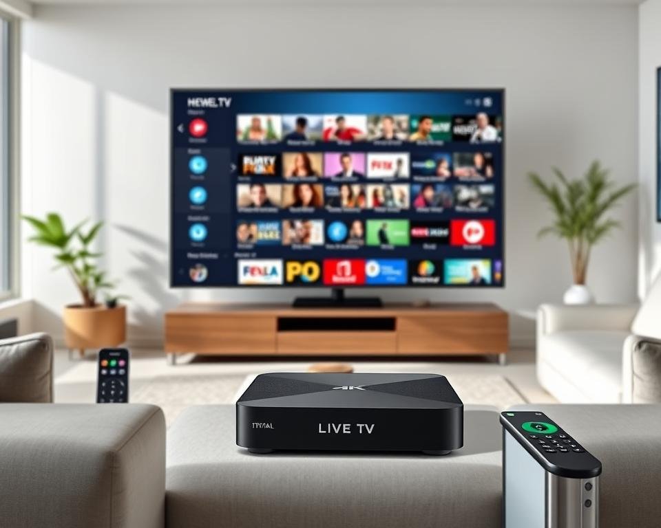 A modern, sleek IPTV setup showcasing key trial features. A large 4K TV in the middle ground, displaying a wide variety of live TV channels and on-demand content. In the foreground, a state-of-the-art IPTV streaming box with intuitive menu UI, surrounded by a wireless remote and mobile device. The background features a minimalist, well-lit home entertainment space with modern furniture and decor. Bright, natural lighting illuminates the scene, highlighting the crisp image quality and smooth playback of the IPTV system.