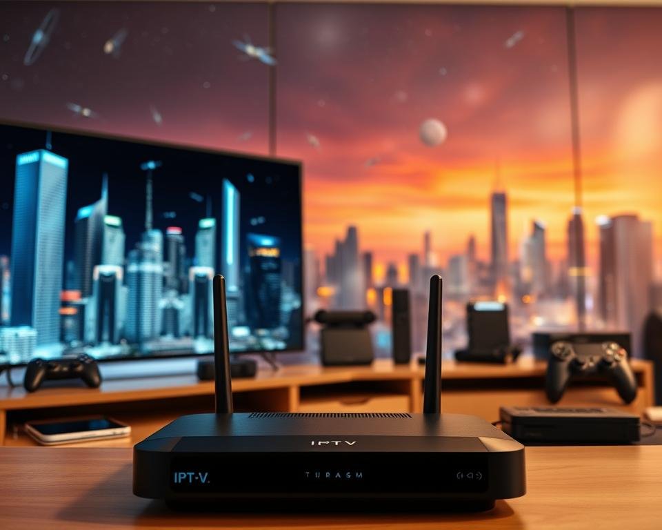 A modern, sleek IPTV setup with a smart TV, a streaming device, and a wireless router in the foreground. In the middle ground, various IPTV-enabled devices like smartphones, tablets, and gaming consoles. The background features a futuristic cityscape with skyscrapers, satellites, and a vibrant, neon-lit skyline, conveying the innovative, high-tech nature of IPTV technology. Soft, warm lighting illuminates the scene, creating a cozy, inviting atmosphere. Cinematic camera angle, emphasizing the integration and seamlessness of IPTV across multiple devices and platforms.
