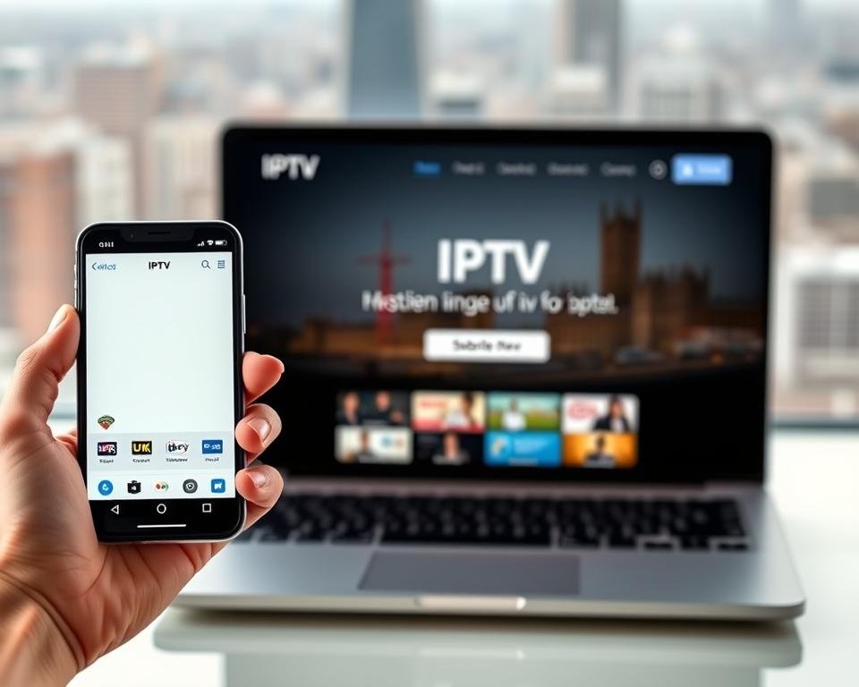 A modern, sleek UI for a USA IPTV subscription service. In the foreground, a hand holding a smartphone with the IPTV app open, showcasing a clean, intuitive interface with live TV channels and on-demand content. In the middle ground, a laptop or tablet displaying the IPTV website, with a prominent "Subscribe Now" button. The background features a blurred cityscape, hinting at the global reach and accessibility of the IPTV service. Lighting is soft and natural, creating a sense of professionalism and trustworthiness. The overall tone is one of efficiency, simplicity, and the promise of instant access to USA television.