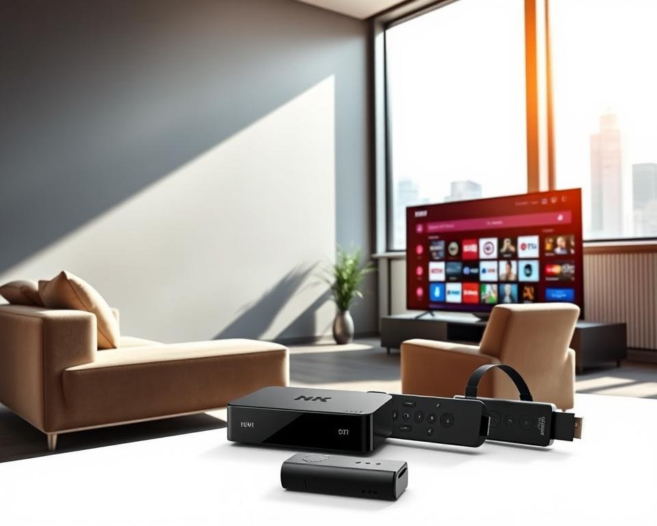 A modern, sleek living room with a large television screen prominently displayed. The room is brightly lit by natural light streaming through large windows, creating a warm and inviting atmosphere. In the foreground, a cozy sofa and armchair are arranged facing the television, suggesting a comfortable viewing experience. The middle ground features various streaming devices, such as a smart TV, set-top box, or streaming stick, showcasing the latest technology for accessing US TV channels. The background includes subtle hints of a contemporary urban setting, perhaps a city skyline visible through the windows, reinforcing the idea of a versatile, on-the-go streaming solution. A modern, sleek living room with a large television screen prominently displayed. The room is brightly lit by natural light streaming through large windows, creating a warm and inviting atmosphere. In the foreground, a cozy sofa and armchair are arranged facing the television, suggesting a comfortable viewing experience. The middle ground features various streaming devices, such as a smart TV, set-top box, or streaming stick, showcasing the latest technology for accessing US TV channels. The background includes subtle hints of a contemporary urban setting, perhaps a city skyline visible through the windows, reinforcing the idea of a versatile, on-the-go streaming solution.