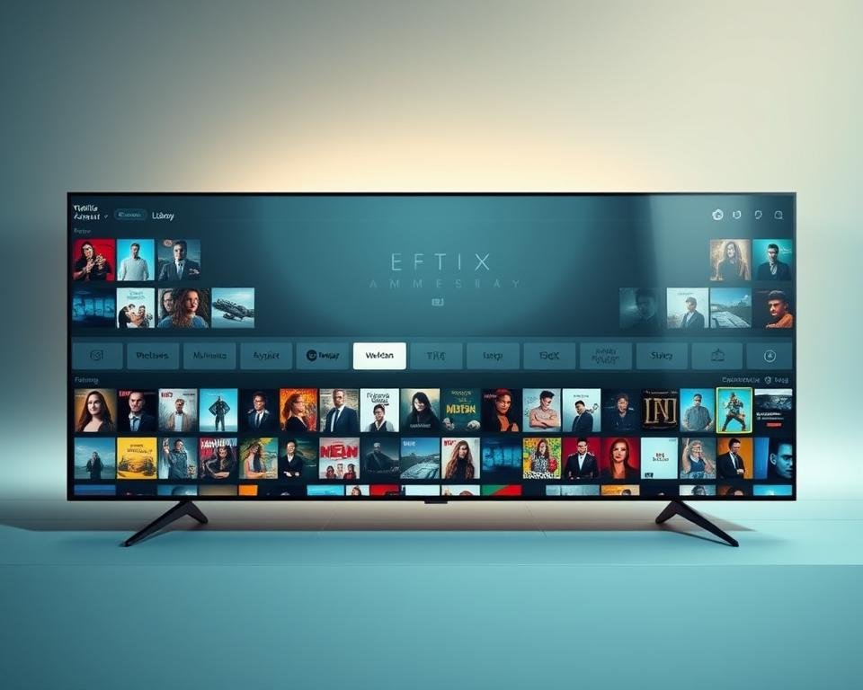 A modern, sleek streaming platform interface showcasing a vast content library. In the foreground, various movie and TV show thumbnails dynamically scroll across the screen, highlighting the breadth of available titles. The middle ground features a clean, minimalist design with subtle branding elements and intuitive navigation menus. The background has a soft, diffused lighting creating a warm, inviting atmosphere, complemented by a muted color palette of blues and grays. The overall composition conveys a sense of endless entertainment and a seamless streaming experience. A modern, sleek streaming platform interface showcasing a vast content library. In the foreground, various movie and TV show thumbnails dynamically scroll across the screen, highlighting the breadth of available titles. The middle ground features a clean, minimalist design with subtle branding elements and intuitive navigation menus. The background has a soft, diffused lighting creating a warm, inviting atmosphere, complemented by a muted color palette of blues and grays. The overall composition conveys a sense of endless entertainment and a seamless streaming experience.