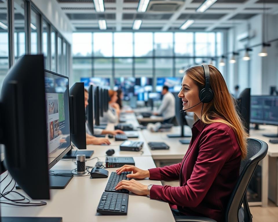 A modern, well-equipped IPTV customer support office with a professional, tech-savvy atmosphere. The foreground features a smiling, attentive customer service representative assisting a client using a high-resolution display and state-of-the-art hardware. The middle ground showcases a team of technicians monitoring multiple screens and networks, ensuring seamless IPTV service. The background depicts a sleek, minimalist workspace with floor-to-ceiling windows, ample natural lighting, and cutting-edge telecommunications equipment. The overall scene conveys a sense of reliability, efficiency, and a commitment to providing top-notch support for IPTV users. A modern, well-equipped IPTV customer support office with a professional, tech-savvy atmosphere. The foreground features a smiling, attentive customer service representative assisting a client using a high-resolution display and state-of-the-art hardware. The middle ground showcases a team of technicians monitoring multiple screens and networks, ensuring seamless IPTV service. The background depicts a sleek, minimalist workspace with floor-to-ceiling windows, ample natural lighting, and cutting-edge telecommunications equipment. The overall scene conveys a sense of reliability, efficiency, and a commitment to providing top-notch support for IPTV users.