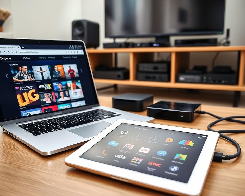 A modern, well-lit home office setup with a laptop, tablet, and various streaming devices prominently displayed. The laptop is open, showing a web browser interface with US TV channels available for streaming. The tablet is in the foreground, showcasing an intuitive app interface for seamlessly accessing USA content. In the background, a sleek media center with multiple streaming boxes and a high-quality HDMI cable snaking through, all neatly organized. The overall atmosphere is one of technological sophistication and the convenience of enjoying USA television from the comfort of one's own home office. A modern, well-lit home office setup with a laptop, tablet, and various streaming devices prominently displayed. The laptop is open, showing a web browser interface with US TV channels available for streaming. The tablet is in the foreground, showcasing an intuitive app interface for seamlessly accessing USA content. In the background, a sleek media center with multiple streaming boxes and a high-quality HDMI cable snaking through, all neatly organized. The overall atmosphere is one of technological sophistication and the convenience of enjoying USA television from the comfort of one's own home office.