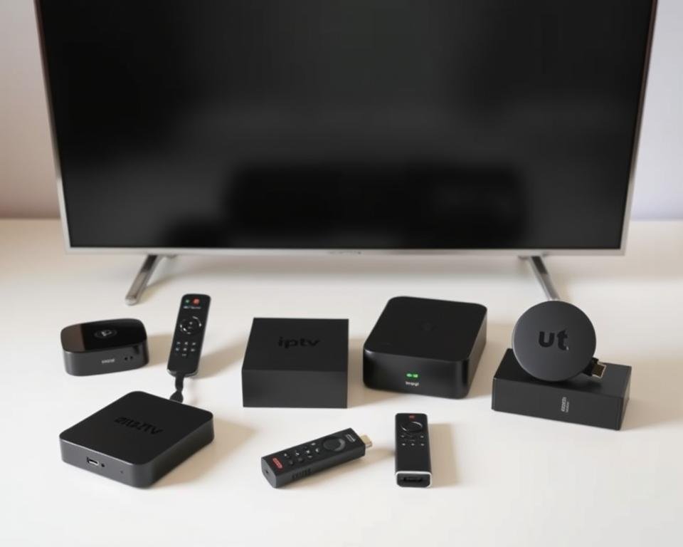 A neatly arranged display of various IPTV device models, including Android TV boxes, Amazon Fire TV Sticks, and smart TVs with built-in IPTV capabilities. The devices are shown in a clean, well-lit setting, with a subtle gradient background that conveys a sense of modern technology and connectivity. The composition highlights the diversity of compatible devices, emphasizing the seamless integration and flexibility of the IPTV setup process. The lighting is soft and natural, creating a inviting and informative atmosphere for the viewer. A neatly arranged display of various IPTV device models, including Android TV boxes, Amazon Fire TV Sticks, and smart TVs with built-in IPTV capabilities. The devices are shown in a clean, well-lit setting, with a subtle gradient background that conveys a sense of modern technology and connectivity. The composition highlights the diversity of compatible devices, emphasizing the seamless integration and flexibility of the IPTV setup process. The lighting is soft and natural, creating a inviting and informative atmosphere for the viewer.