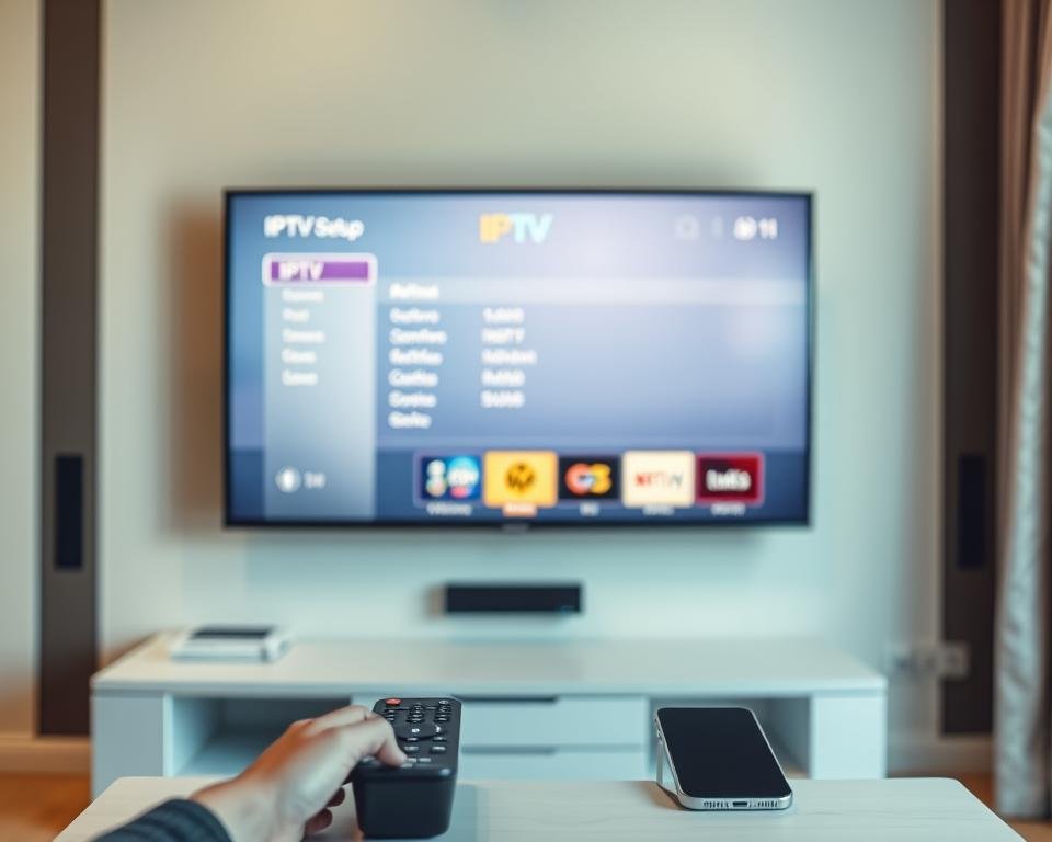 A neatly arranged living room with a modern smart TV mounted on the wall. On the TV screen, the IPTV setup interface is displayed, showcasing various channels and options. In the foreground, a remote control and a smartphone are positioned, indicating the user's interaction with the IPTV system. The lighting is soft and warm, creating a cozy atmosphere. The scene is captured from a slightly elevated angle, providing a clear view of the TV and the surrounding environment. The overall composition emphasizes the ease and convenience of setting up IPTV on a smart TV. A neatly arranged living room with a modern smart TV mounted on the wall. On the TV screen, the IPTV setup interface is displayed, showcasing various channels and options. In the foreground, a remote control and a smartphone are positioned, indicating the user's interaction with the IPTV system. The lighting is soft and warm, creating a cozy atmosphere. The scene is captured from a slightly elevated angle, providing a clear view of the TV and the surrounding environment. The overall composition emphasizes the ease and convenience of setting up IPTV on a smart TV.