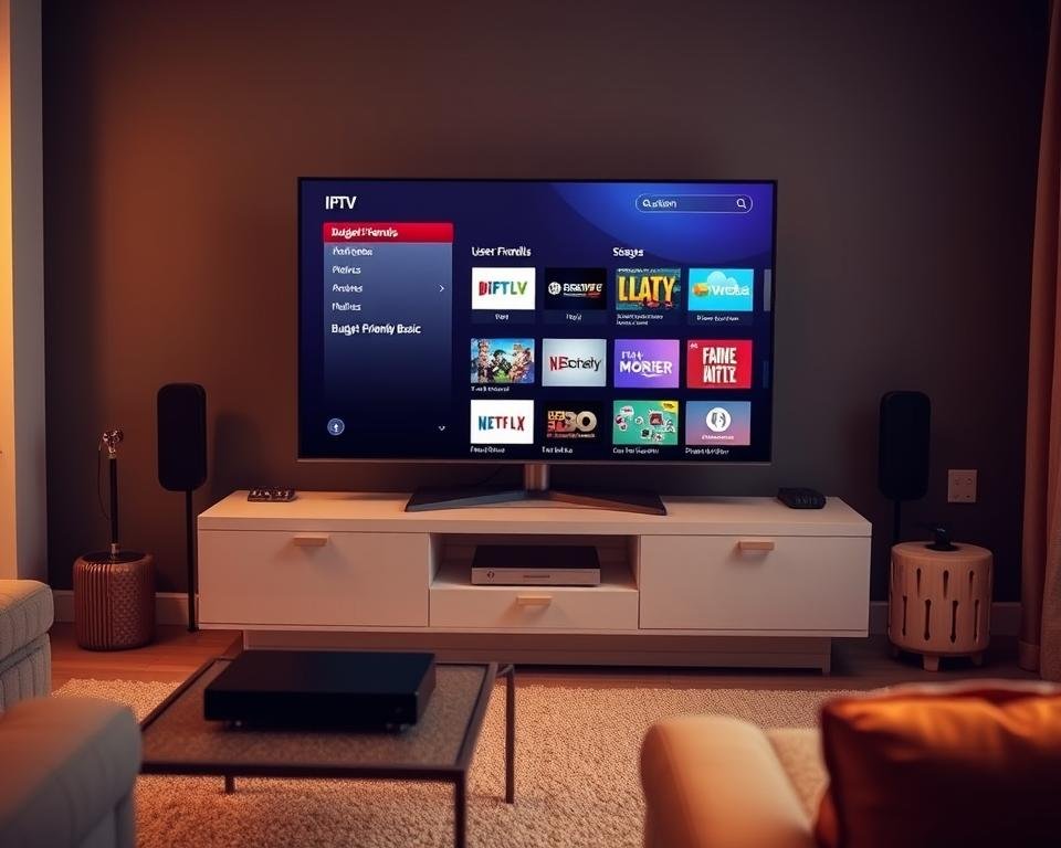 A neatly organized living room with a sleek, modern TV stand displaying an IPTV device. The room is bathed in warm, ambient lighting, creating a cozy atmosphere. On the screen, a simple, user-friendly interface showcases various IPTV channels and packages, highlighting the "Budget-Friendly Basic" option. The overall scene conveys a sense of affordability and accessibility, reflecting the section's focus on a budget-friendly IPTV solution for USA viewers. A neatly organized living room with a sleek, modern TV stand displaying an IPTV device. The room is bathed in warm, ambient lighting, creating a cozy atmosphere. On the screen, a simple, user-friendly interface showcases various IPTV channels and packages, highlighting the "Budget-Friendly Basic" option. The overall scene conveys a sense of affordability and accessibility, reflecting the section's focus on a budget-friendly IPTV solution for USA viewers.