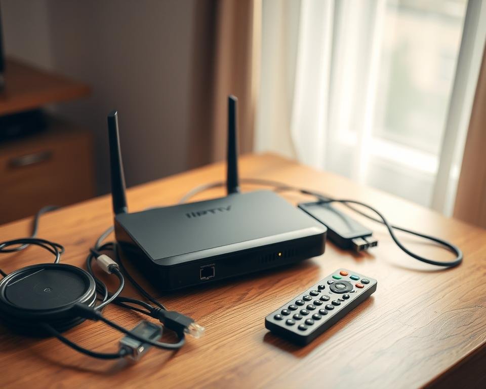 A neatly organized setup of IPTV equipment on a wooden table, including a router, modem, streaming device, remote control, and network cables. The scene is brightly lit with soft, diffused lighting from a window, casting warm tones and creating natural shadows. The equipment is arranged in a visually appealing manner, showcasing its various components and connections. The overall atmosphere is one of simplicity, functionality, and ease of use, reflecting the straightforward nature of the IPTV setup process.