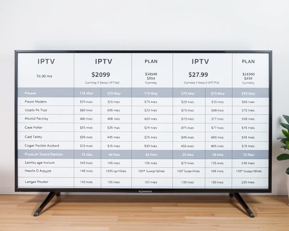 A neatly organized table displaying various IPTV subscription plans, with clear and concise pricing information. The plans are presented in a clean, minimalist design against a soft, neutral background, allowing the details to stand out. The lighting is soft and evenly distributed, creating a professional and inviting atmosphere. The camera angle is slightly elevated, giving a clear overview of the subscription options. The overall composition is balanced and visually appealing, conveying the accessibility and value of the IPTV service.