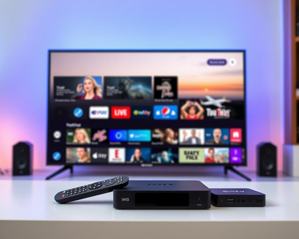 A premium IPTV service in the USA, showcasing a sleek and intuitive user interface. The foreground features a high-definition display with a variety of live TV channels and on-demand content, presented in a clean, modern layout. The middle ground depicts remote controls and compatible devices, such as smart TVs and streaming boxes, seamlessly integrated into the setup. The background subtly suggests the technological infrastructure behind the service, with subtle nods to cloud storage, secure server connections, and a vast content library. The overall atmosphere is one of convenience, reliability, and a premium entertainment experience tailored for the discerning USA viewer. A premium IPTV service in the USA, showcasing a sleek and intuitive user interface. The foreground features a high-definition display with a variety of live TV channels and on-demand content, presented in a clean, modern layout. The middle ground depicts remote controls and compatible devices, such as smart TVs and streaming boxes, seamlessly integrated into the setup. The background subtly suggests the technological infrastructure behind the service, with subtle nods to cloud storage, secure server connections, and a vast content library. The overall atmosphere is one of convenience, reliability, and a premium entertainment experience tailored for the discerning USA viewer.