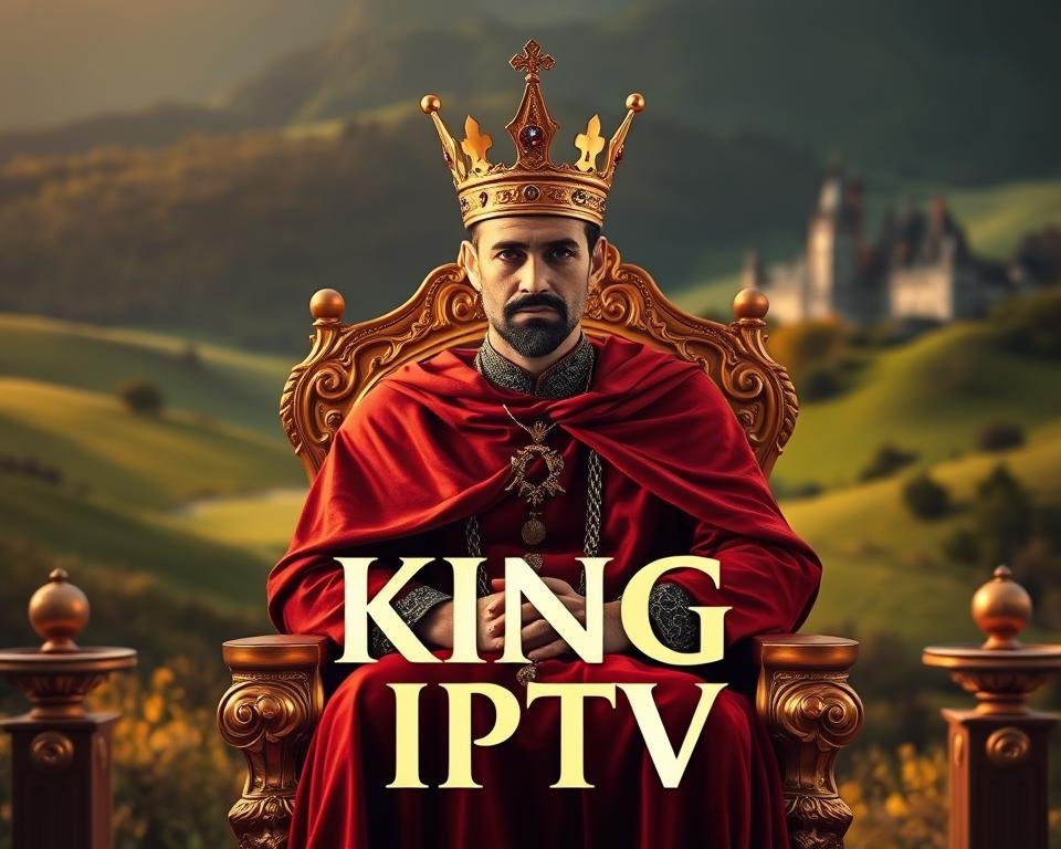 A regal figure sits upon a gilded throne, adorned in a crimson cloak and a crown of gleaming gold. The lighting is warm and inviting, casting a soft glow upon the scene. The background is a lush, verdant landscape, with rolling hills and a majestic castle in the distance. The subject's gaze is steady and authoritative, conveying a sense of power and command. The composition is balanced and symmetrical, with the throne positioned at the center of the frame. The overall mood is one of opulence and grandeur, reflecting the "King IPTV" brand and its promise of premium features at affordable rates. A regal figure sits upon a gilded throne, adorned in a crimson cloak and a crown of gleaming gold. The lighting is warm and inviting, casting a soft glow upon the scene. The background is a lush, verdant landscape, with rolling hills and a majestic castle in the distance. The subject's gaze is steady and authoritative, conveying a sense of power and command. The composition is balanced and symmetrical, with the throne positioned at the center of the frame. The overall mood is one of opulence and grandeur, reflecting the "King IPTV" brand and its promise of premium features at affordable rates.