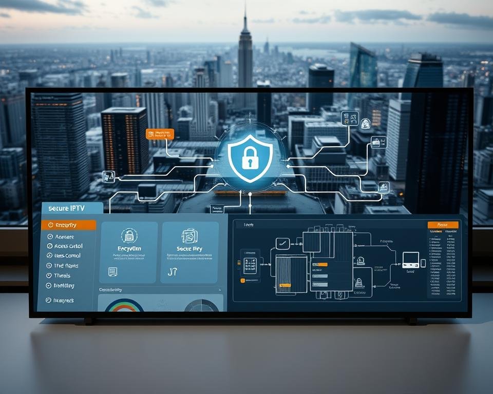 A secure IPTV service is represented by a sleek, modern dashboard interface showcasing various security features. The foreground displays an intuitive control panel with options for encryption, access control, and threat monitoring. The middle ground depicts a secure network infrastructure, with servers, firewalls, and encrypted data flows. The background features a cityscape, symbolizing the widespread connectivity and accessibility of the IPTV service, all protected by a robust security system. The lighting is soft and muted, conveying a sense of reliability and trustworthiness. The overall atmosphere is one of technical sophistication and unwavering data protection.