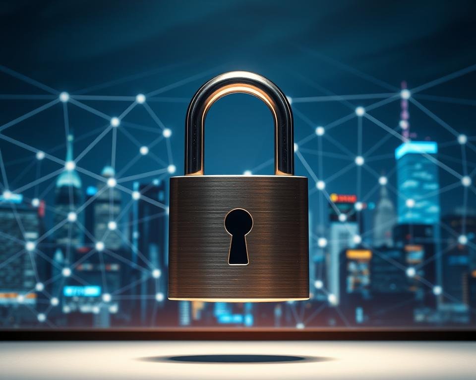 A secure IPTV service, shielded by robust encryption, stands vigilantly against malicious intrusion. In the foreground, a lock icon symbolizes the ironclad protection, its metallic surface gleaming under focused lighting. Surrounding it, a network of interconnected nodes and data streams convey the complex infrastructure powering this secure system. In the background, a cityscape backdrop reflects the modern, technology-driven landscape in which this IPTV service operates, casting an air of sophistication and reliability. The overall scene emanates a sense of digital fortress, safeguarding sensitive information and ensuring the privacy of its users.