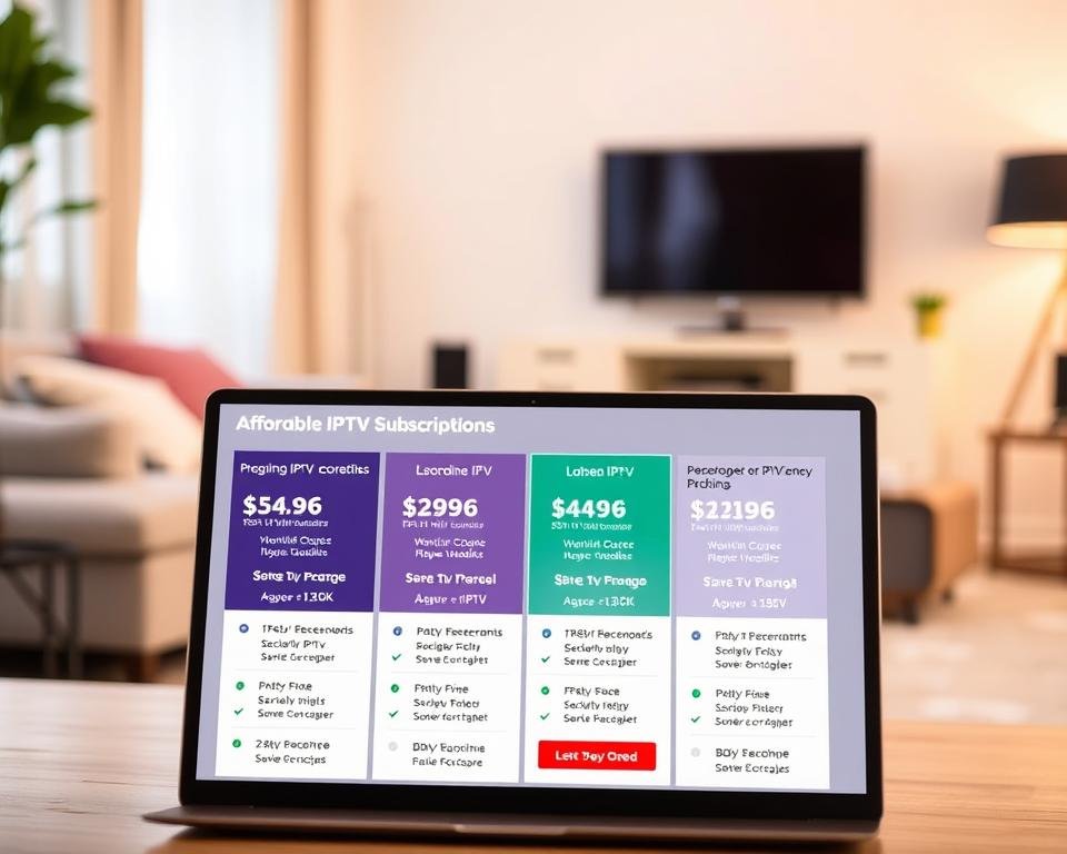 A series of affordable IPTV subscription plans against a soft, blurred background depicting a cozy living room setup. In the foreground, a laptop display showcases various package options, with clear pricing details and feature highlights. The lighting is warm and inviting, creating a welcoming atmosphere. The overall composition emphasizes the accessibility and convenience of these IPTV plans, catering to the needs of USA consumers seeking a comprehensive and cost-effective entertainment solution.