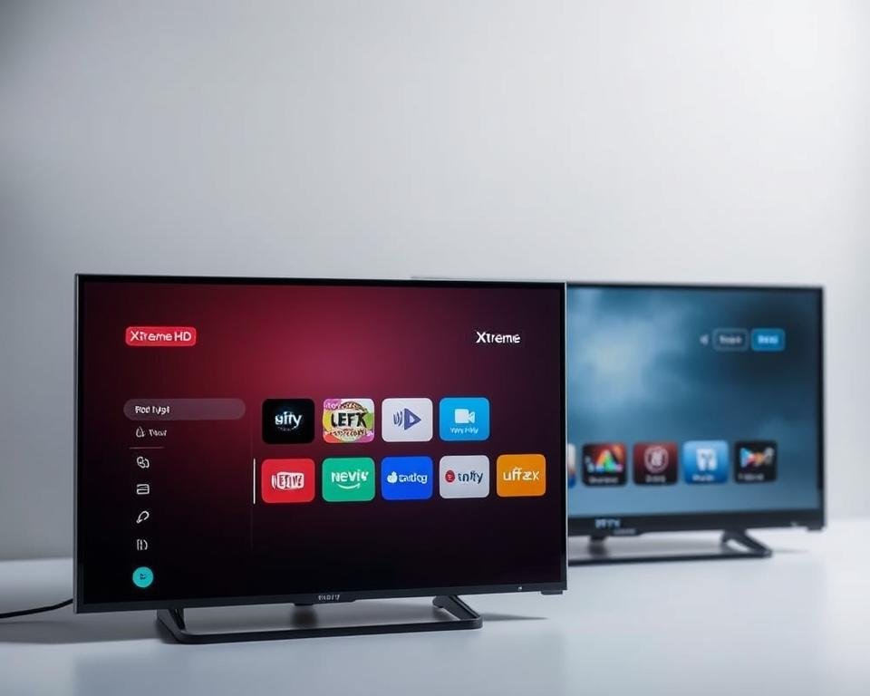 A side-by-side comparison of IPTV user interfaces, showcasing their distinct designs and features. In the foreground, the sleek and modern Xtreme HD IPTV interface, with a clean layout, intuitive navigation, and vibrant colors. In the middle, the interfaces of competing IPTV services, each with their own unique style and functionality. The background features a subtle gradient, creating a sense of depth and emphasizing the contrast between the interfaces. The lighting is soft and diffused, highlighting the details and textures of the digital displays. The overall atmosphere is one of clarity and professionalism, reflecting the subject matter and the article's focus on user experience and interface design. A side-by-side comparison of IPTV user interfaces, showcasing their distinct designs and features. In the foreground, the sleek and modern Xtreme HD IPTV interface, with a clean layout, intuitive navigation, and vibrant colors. In the middle, the interfaces of competing IPTV services, each with their own unique style and functionality. The background features a subtle gradient, creating a sense of depth and emphasizing the contrast between the interfaces. The lighting is soft and diffused, highlighting the details and textures of the digital displays. The overall atmosphere is one of clarity and professionalism, reflecting the subject matter and the article's focus on user experience and interface design.