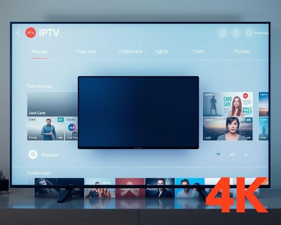 A sleek and intuitive IPTV user interface with a modern, minimalist design. The main screen features a clean grid layout showcasing popular live TV channels, on-demand content, and customizable favorites. The interface is presented in a soft, cool-toned color palette with subtle gradients and transparent elements, creating a sophisticated and immersive viewing experience. The layout is carefully balanced, with clear category sections and intuitive navigation controls. A large central video preview window dominates the foreground, surrounded by thumbnail previews and information panels. The background subtly blurs, keeping the focus on the content. Crisp 4K visuals, smooth animations, and a responsive, touch-friendly design make this IPTV interface a pleasure to use.