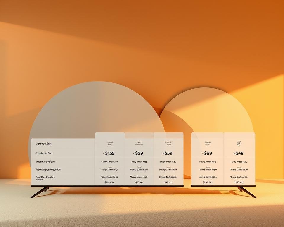 A sleek and minimalist display of streaming membership plans, showcased against a warm, inviting background. The foreground features a clean grid layout highlighting the various subscription tiers, each with distinct icons and pricing details. The middle ground showcases abstract shapes and gradients, creating a sense of depth and sophistication. The background is softly lit, with subtle lighting effects that enhance the overall elegance of the scene. The overall composition conveys a sense of accessible luxury, inviting the viewer to explore the flexible and tailored membership options available. A sleek and minimalist display of streaming membership plans, showcased against a warm, inviting background. The foreground features a clean grid layout highlighting the various subscription tiers, each with distinct icons and pricing details. The middle ground showcases abstract shapes and gradients, creating a sense of depth and sophistication. The background is softly lit, with subtle lighting effects that enhance the overall elegance of the scene. The overall composition conveys a sense of accessible luxury, inviting the viewer to explore the flexible and tailored membership options available.