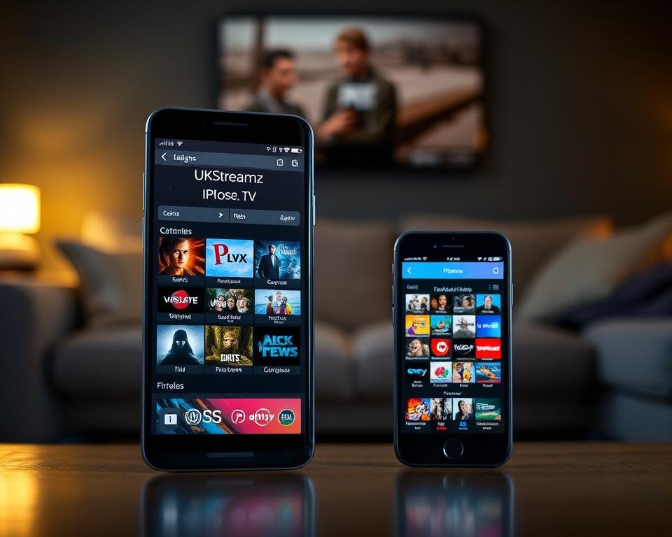 A sleek and modern Android smartphone and an iPhone displaying the UKStreamz IPTV service interface, set against a backdrop of a dimly lit living room. The screen of each device showcases a selection of IPTV channels, sharp and vibrant. Subtle ambient lighting casts a warm glow, creating a cozy, inviting atmosphere. The overall composition emphasizes the convenience and accessibility of UKStreamz IPTV for users on both Android and iOS platforms in the USA.