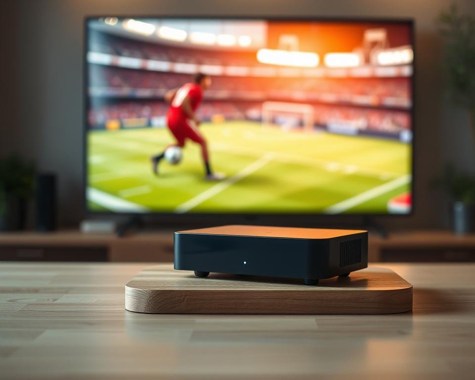 A sleek and modern IPTV device prominently displayed on a minimalist wood-grain table. Soft, warm lighting illuminates the device, showcasing its clean lines and premium design. In the background, a blurred image of a sports broadcast plays on a large, high-definition screen, hinting at the device's capabilities. The overall scene conveys a sense of sophistication and practicality, catering to the discerning sports enthusiast. A sleek and modern IPTV device prominently displayed on a minimalist wood-grain table. Soft, warm lighting illuminates the device, showcasing its clean lines and premium design. In the background, a blurred image of a sports broadcast plays on a large, high-definition screen, hinting at the device's capabilities. The overall scene conveys a sense of sophistication and practicality, catering to the discerning sports enthusiast.