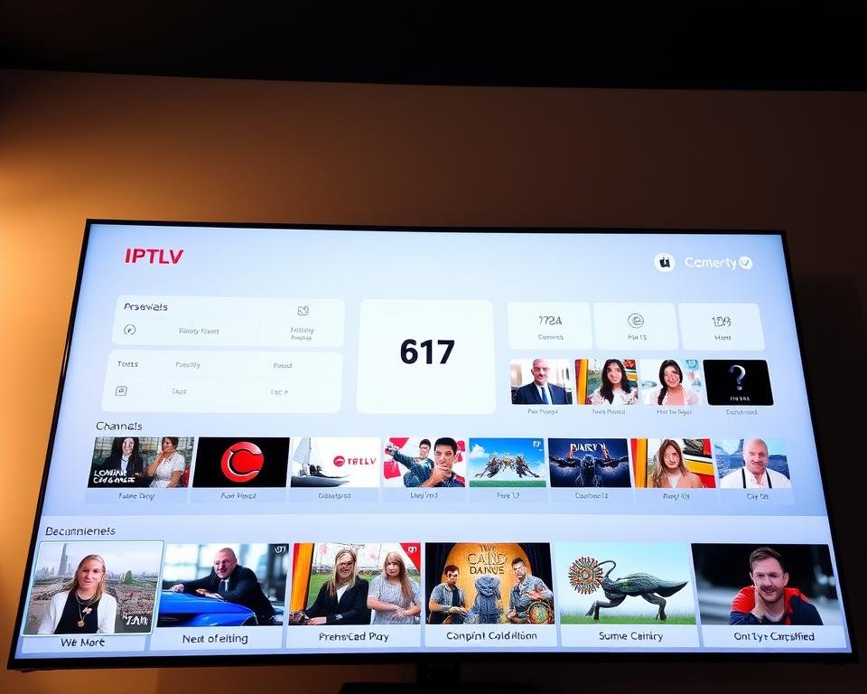 A sleek and modern IPTV service provider interface, showcasing a clean and intuitive dashboard. The foreground displays a range of popular US TV channels available, with crisp, high-definition thumbnails. The middle ground features a minimalist menu system, allowing seamless navigation through a vast library of live and on-demand content. In the background, a subtle geometric pattern creates a sense of depth and professionalism. The overall mood is one of efficiency, accessibility, and a premium user experience tailored for USA viewers. Lighting is soft and balanced, with a slight warm tone, and the camera angle provides a clear, detailed overview of the service's key features.