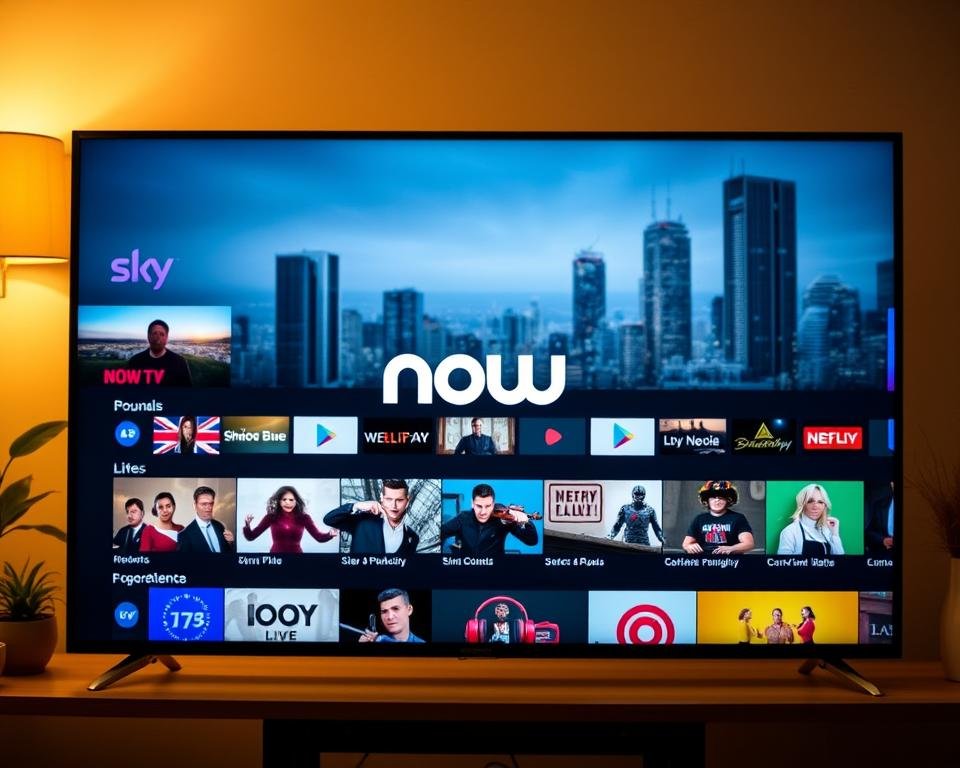 A sleek and modern IPTV streaming service interface, showcasing the NOW TV logo and brand elements prominently in the center. The screen displays a grid of popular TV shows, movies, and live channels available on the platform, with a clean and intuitive user experience. The background features a blurred cityscape, hinting at the urban, on-the-go nature of the service. Warm lighting creates a cozy, inviting atmosphere, and the camera angle is slightly elevated to give a sense of depth and professionalism. The overall impression is one of a cutting-edge, premium IPTV offering that provides easy access to a wide range of Sky's renowned content. A sleek and modern IPTV streaming service interface, showcasing the NOW TV logo and brand elements prominently in the center. The screen displays a grid of popular TV shows, movies, and live channels available on the platform, with a clean and intuitive user experience. The background features a blurred cityscape, hinting at the urban, on-the-go nature of the service. Warm lighting creates a cozy, inviting atmosphere, and the camera angle is slightly elevated to give a sense of depth and professionalism. The overall impression is one of a cutting-edge, premium IPTV offering that provides easy access to a wide range of Sky's renowned content.
