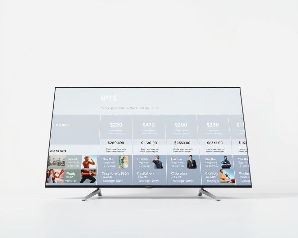 A sleek and modern IPTV subscription plan interface set against a minimalist white background. In the foreground, clearly-defined subscription tiers with pricing and feature details displayed in a clean, intuitive layout. The middle ground showcases high-quality television content thumbnails, hinting at the diverse channel selection. Soft, directional lighting accentuates the sharpness of the UI elements, creating a sense of clarity and professionalism. The composition utilizes a low camera angle to convey a sense of authority and importance, drawing the viewer's attention to the key subscription information. An overall tone of reliability, accessibility, and premium quality permeates the scene. A sleek and modern IPTV subscription plan interface set against a minimalist white background. In the foreground, clearly-defined subscription tiers with pricing and feature details displayed in a clean, intuitive layout. The middle ground showcases high-quality television content thumbnails, hinting at the diverse channel selection. Soft, directional lighting accentuates the sharpness of the UI elements, creating a sense of clarity and professionalism. The composition utilizes a low camera angle to convey a sense of authority and importance, drawing the viewer's attention to the key subscription information. An overall tone of reliability, accessibility, and premium quality permeates the scene.