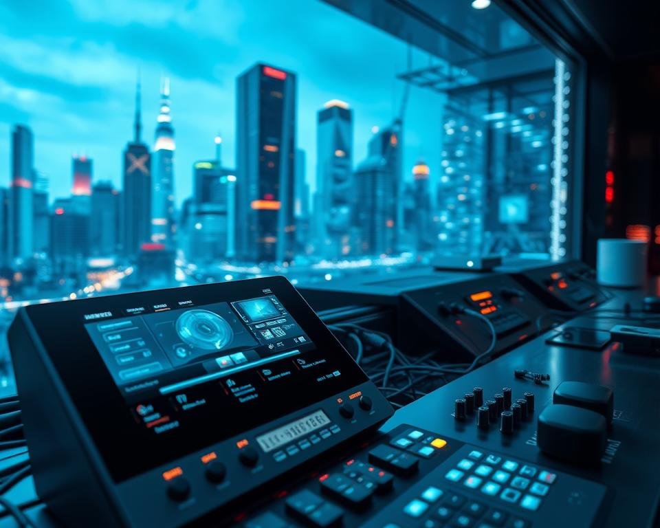 A sleek and modern IPTV system, with a high-tech control panel showcasing the latest advancements. In the foreground, a digital display illustrates IPTV's core functionality, explaining how it delivers multimedia content over the internet. The middle ground features a network of cables, servers, and devices, symbolizing the seamless integration of IPTV technology. In the background, a futuristic cityscape with towering skyscrapers and glowing holograms, hinting at the vast potential of IPTV in the digital age. The scene is bathed in a cool, blue-hued lighting, creating a sophisticated and technologically advanced atmosphere. A sleek and modern IPTV system, with a high-tech control panel showcasing the latest advancements. In the foreground, a digital display illustrates IPTV's core functionality, explaining how it delivers multimedia content over the internet. The middle ground features a network of cables, servers, and devices, symbolizing the seamless integration of IPTV technology. In the background, a futuristic cityscape with towering skyscrapers and glowing holograms, hinting at the vast potential of IPTV in the digital age. The scene is bathed in a cool, blue-hued lighting, creating a sophisticated and technologically advanced atmosphere.