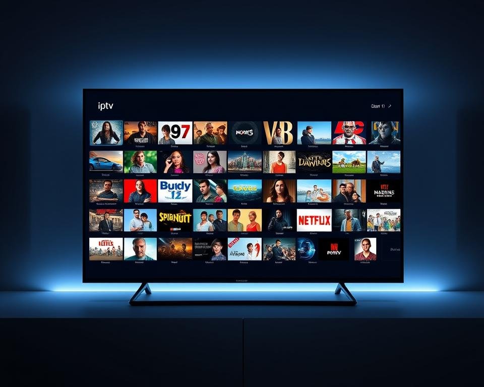 A sleek and modern IPTV user interface, featuring a clean and intuitive layout. The main screen displays a grid of high-definition channel thumbnails, effortlessly navigable with a minimalist on-screen menu. Smooth transitions between sections showcase the robust content library, ranging from live TV to a vast selection of on-demand movies and shows. Subtle lighting accentuates the digital display, creating a sophisticated and immersive viewing experience. The interface is designed with an elegant color palette, harmonizing seamlessly with a range of device styles and setups. An uncluttered design prioritizes user experience, allowing the viewer to easily discover, browse, and access their desired content. A sleek and modern IPTV user interface, featuring a clean and intuitive layout. The main screen displays a grid of high-definition channel thumbnails, effortlessly navigable with a minimalist on-screen menu. Smooth transitions between sections showcase the robust content library, ranging from live TV to a vast selection of on-demand movies and shows. Subtle lighting accentuates the digital display, creating a sophisticated and immersive viewing experience. The interface is designed with an elegant color palette, harmonizing seamlessly with a range of device styles and setups. An uncluttered design prioritizes user experience, allowing the viewer to easily discover, browse, and access their desired content.