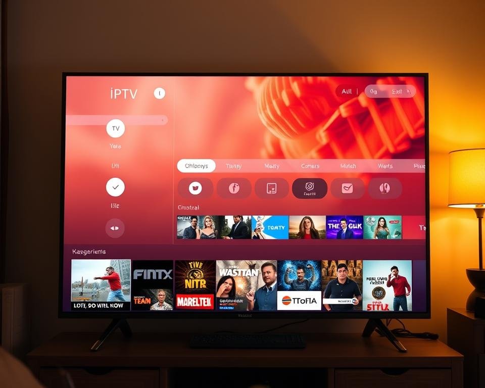 A sleek and modern IPTV user interface, featuring a clean layout with bold typography, intuitive navigation, and a vibrant color scheme. The screen is bathed in warm, natural lighting, creating a cozy and inviting atmosphere. In the foreground, a grid of thumbnails showcases a diverse selection of live TV channels and on-demand content, tempting the user to explore. The middle ground displays a user-friendly menu system with clear categorization and search functionality, allowing seamless navigation. In the background, a subtle blur effect creates depth and focus, drawing the eye to the central interface elements. The overall design is polished, responsive, and optimized for an immersive viewing experience. A sleek and modern IPTV user interface, featuring a clean layout with bold typography, intuitive navigation, and a vibrant color scheme. The screen is bathed in warm, natural lighting, creating a cozy and inviting atmosphere. In the foreground, a grid of thumbnails showcases a diverse selection of live TV channels and on-demand content, tempting the user to explore. The middle ground displays a user-friendly menu system with clear categorization and search functionality, allowing seamless navigation. In the background, a subtle blur effect creates depth and focus, drawing the eye to the central interface elements. The overall design is polished, responsive, and optimized for an immersive viewing experience.