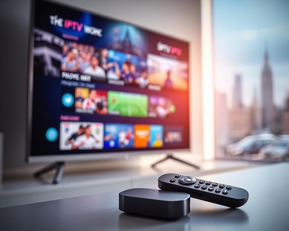 A sleek and modern TV displaying various sports channels and live events, illuminated by soft, directional lighting that highlights the vibrant colors of the user interface. In the foreground, a remote control and a streaming device, symbolizing the seamless integration of IPTV technology for sports enthusiasts in the USA. The background features a subtle, out-of-focus cityscape, conveying a sense of connectivity and the urban setting. The overall composition and color palette evoke a professional, high-quality, and user-friendly IPTV experience tailored for sports viewers in the United States. A sleek and modern TV displaying various sports channels and live events, illuminated by soft, directional lighting that highlights the vibrant colors of the user interface. In the foreground, a remote control and a streaming device, symbolizing the seamless integration of IPTV technology for sports enthusiasts in the USA. The background features a subtle, out-of-focus cityscape, conveying a sense of connectivity and the urban setting. The overall composition and color palette evoke a professional, high-quality, and user-friendly IPTV experience tailored for sports viewers in the United States.