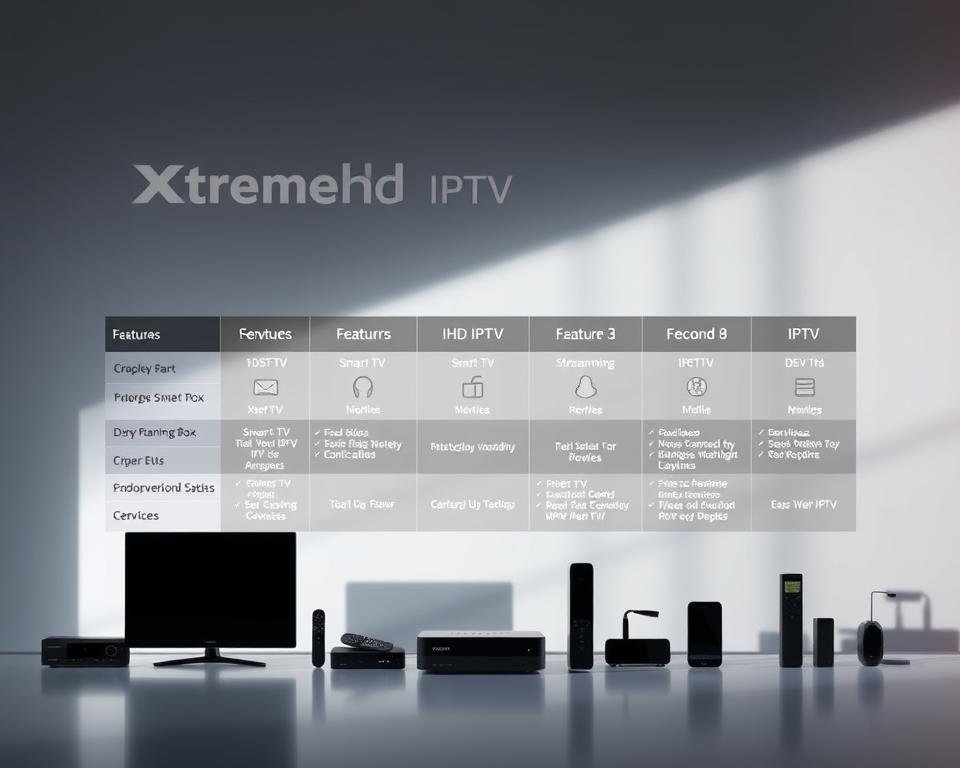 A sleek and modern comparison of IPTV providers, showcasing the Xtreme HD IPTV service. In the foreground, a stylized grid layout displays the key features and services of Xtreme HD IPTV, with clean icons and crisp typography. The middle ground features silhouettes of various IPTV devices, such as smart TVs, streaming boxes, and mobile devices, to represent the platform's broad compatibility. The background is a soft, gradient-based backdrop, creating a professional and high-tech atmosphere. Subtle lighting from the side casts dynamic shadows, adding depth and emphasizing the premium quality of the Xtreme HD IPTV offering.