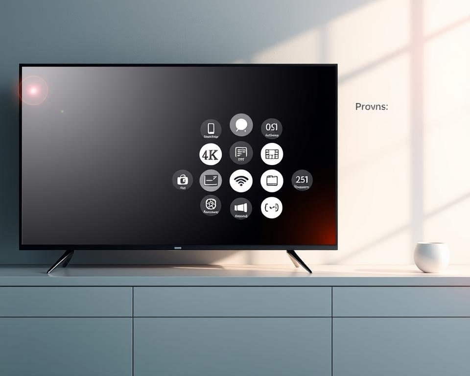 A sleek and modern digital display showcasing the pros and cons of Xtreme HD IPTV. In the foreground, a high-definition television screen displays a clean and minimalistic interface, highlighting key features like seamless 4K streaming, a vast content library, and user-friendly controls. The middle ground features a floating array of icons representing the service's advantages - reliable connectivity, affordable pricing, and a wide selection of live and on-demand channels. In the background, a soft, gradient-based environment sets a sophisticated tone, complemented by subtle lens flares and a warm, diffused lighting scheme that enhances the premium feel of the overall composition.