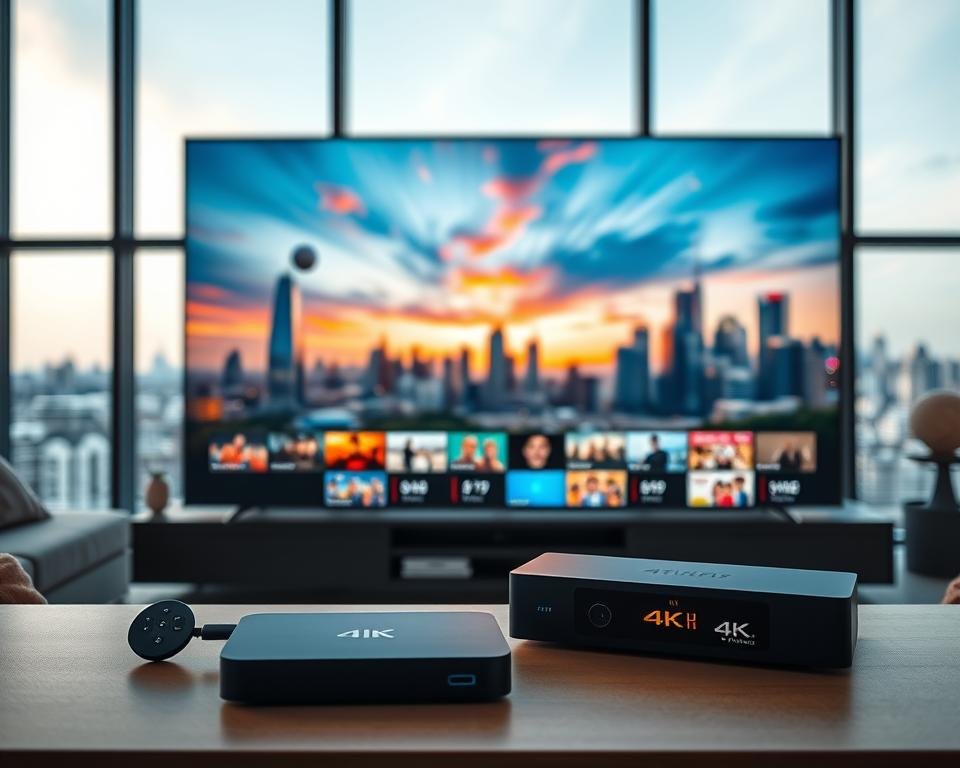 A sleek and modern home entertainment setup showcasing the benefits of USA IPTV 4K streaming. In the foreground, a state-of-the-art 4K television displays vibrant, high-resolution images with exceptional clarity and detail. Beside it, a high-end streaming device connects seamlessly, ready to deliver a vast library of content in stunning 4K quality. The middle ground features a comfortable living space, with plush furniture and soft lighting, creating a cozy and immersive viewing experience. In the background, a large window overlooks a picturesque urban skyline, suggesting the versatility and accessibility of USA IPTV 4K streaming for any home environment. The overall scene conveys the enhanced visual quality, content variety, and convenience of elevating one's home entertainment with USA IPTV 4K.
