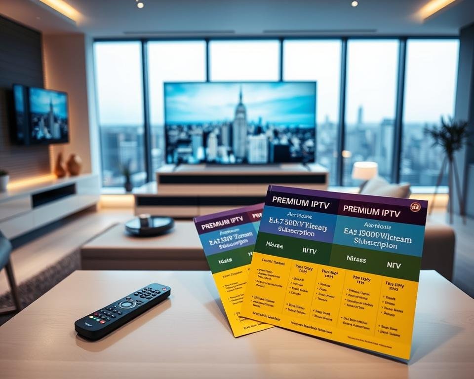 A sleek and modern interior with a large flatscreen TV mounted on the wall, showcasing various IPTV subscription packages available in the USA. The foreground features a minimalist coffee table with a remote control and a stack of premium IPTV service brochures, highlighting the different plans and pricing tiers. The middle ground displays a well-lit, contemporary living room setup with comfortable seating and subtle accent lighting, conveying a sense of premium, high-quality entertainment. The background features large windows overlooking a cityscape, suggesting an urban, cosmopolitan setting. The overall mood is one of sophistication, elegance, and the promise of an elevated streaming experience. A sleek and modern interior with a large flatscreen TV mounted on the wall, showcasing various IPTV subscription packages available in the USA. The foreground features a minimalist coffee table with a remote control and a stack of premium IPTV service brochures, highlighting the different plans and pricing tiers. The middle ground displays a well-lit, contemporary living room setup with comfortable seating and subtle accent lighting, conveying a sense of premium, high-quality entertainment. The background features large windows overlooking a cityscape, suggesting an urban, cosmopolitan setting. The overall mood is one of sophistication, elegance, and the promise of an elevated streaming experience.